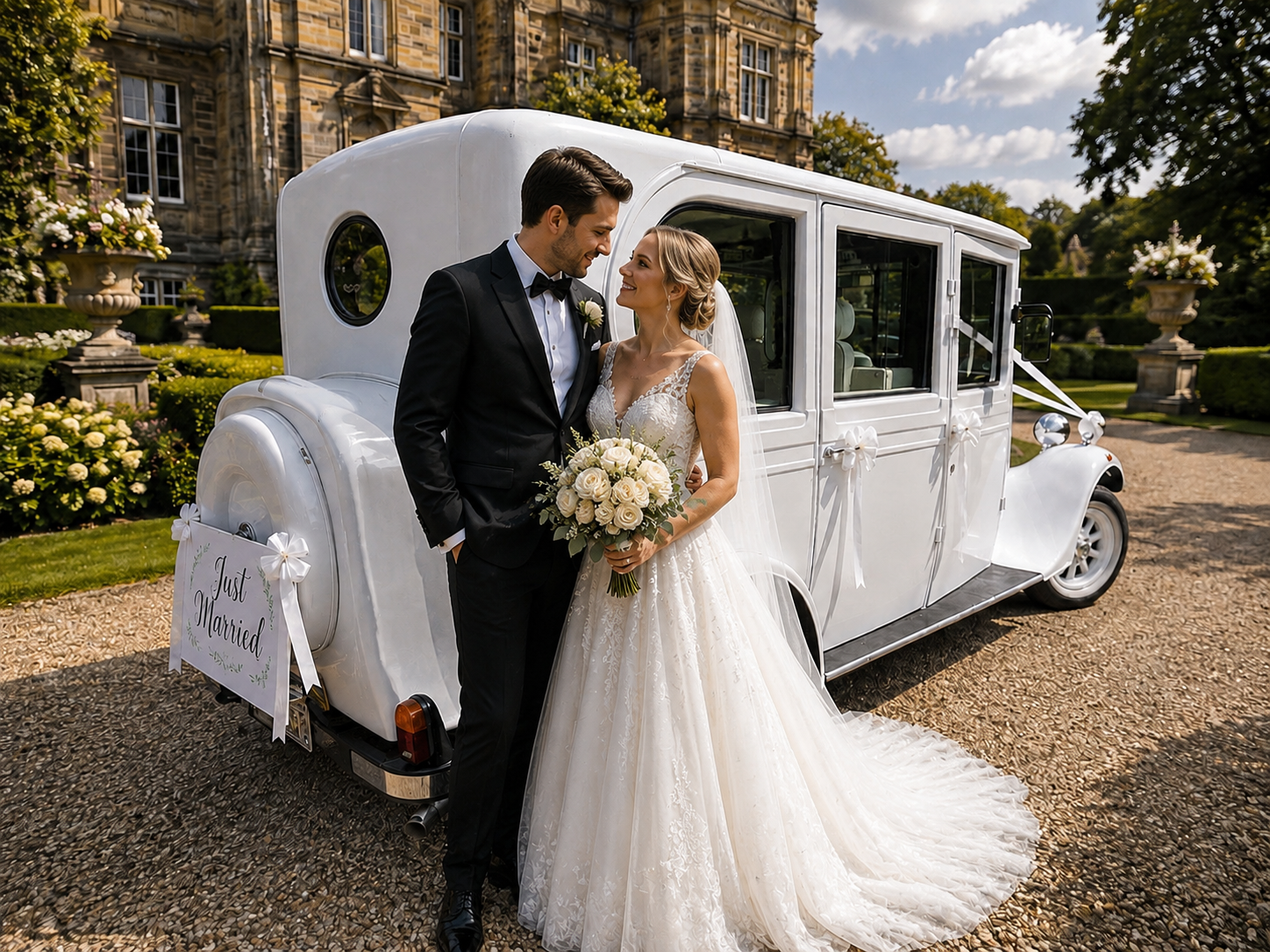Newly married couple beside the Frozen White 1930s Asquith vintage wedding car, with a Just Married sign, outside a grand manor house